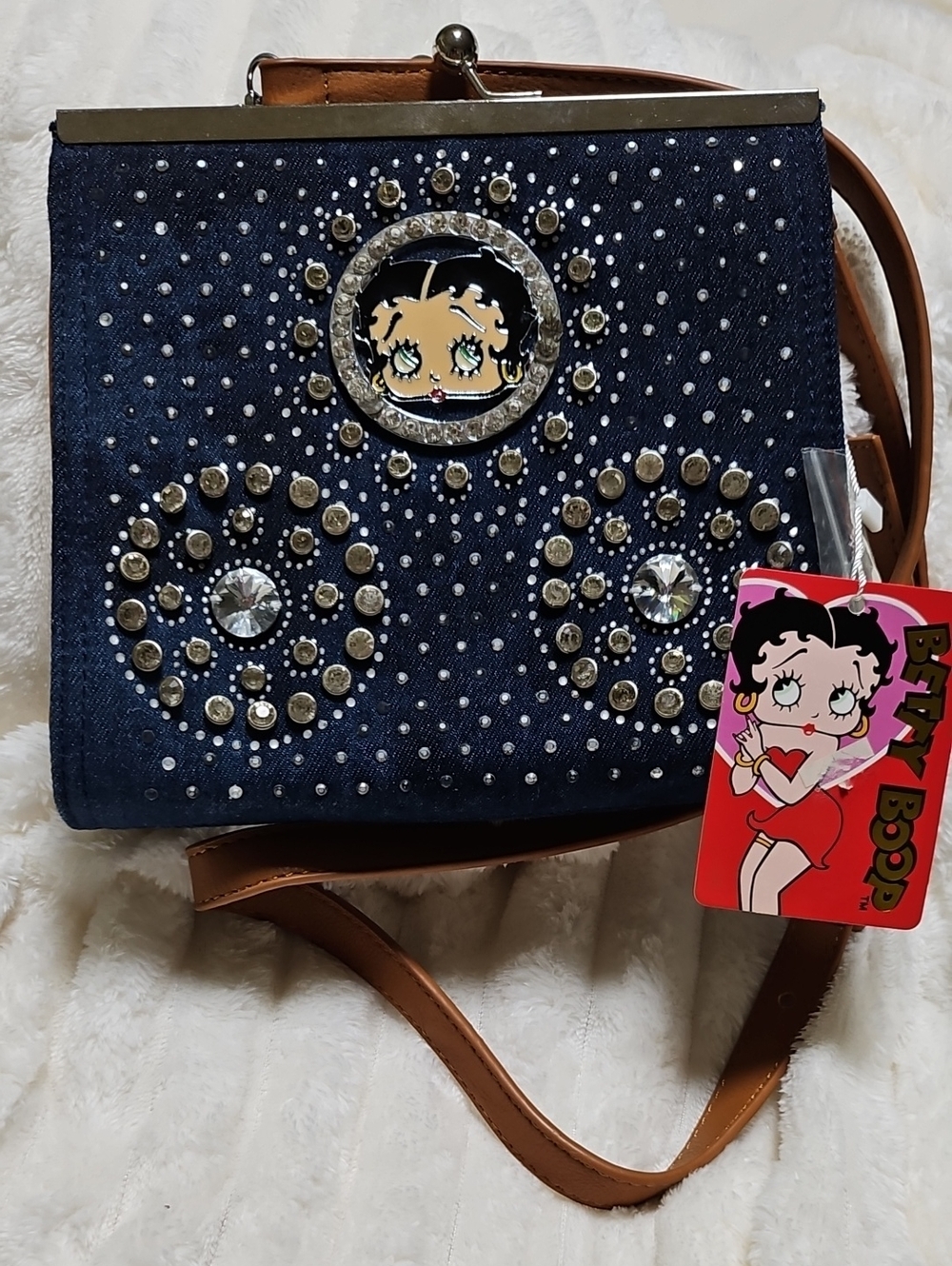 Betty Boop Denim Crossbody Bag with Rhinestone Motifs - Navy and Tan